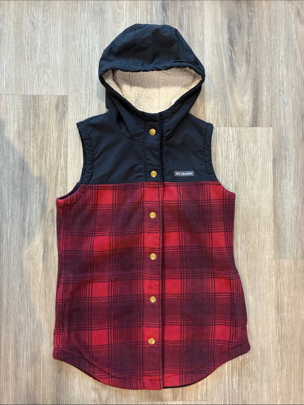 Columbia Red Plaid Hooded Vest